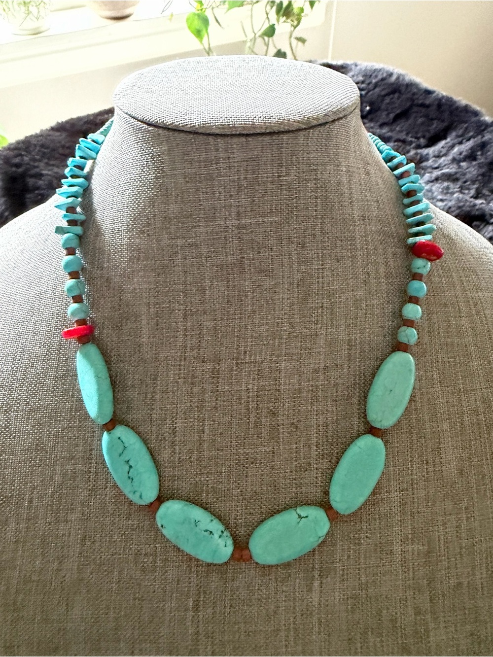 Turquoise and Red Bead Women’s Necklace - Unbranded